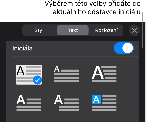 Ovládací prvky pro volbu Iniciála dole v nabídce Text