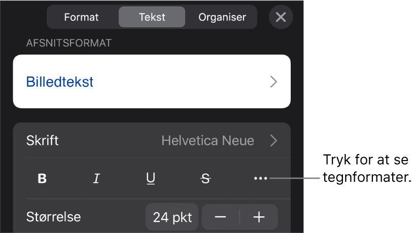 Betjeningsmulighederne til Format med afsnitsformater øverst og derefter betjeningsmulighederne til Skrift. Under Skrift findes knapperne Fed, Kursiv, Understreget, Gennemstreget og Flere tekstindstillinger.