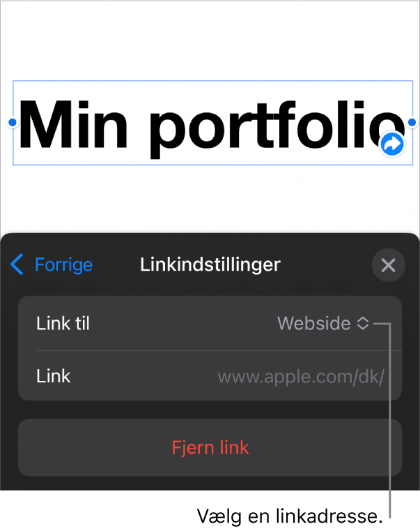 Webside er valgt i betjeningsmulighederne til Linkindstillinger, og nederst er knappen Åbn link.