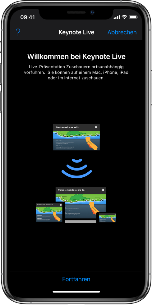 Ein Fenster, in dem Keynote Live vorgestellt wird; unten befindet sich die Taste „Fortfahren“.