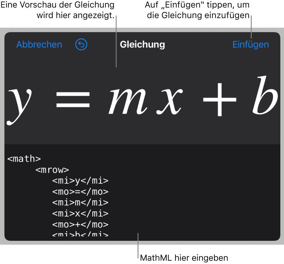 MathML-Code für die Gleichung der Steigung einer Linie und einer Vorschau der Formal darüber.