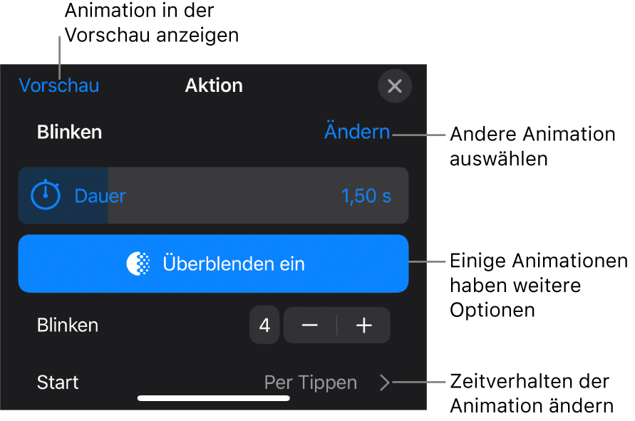 Animationsoptionen wie „Dauer“ und „Start“. Tippe auf „Ändern“, um eine andere Animation zu wählen, oder tippe auf „Vorschau“, um eine Vorschau der Animation anzuzeigen.