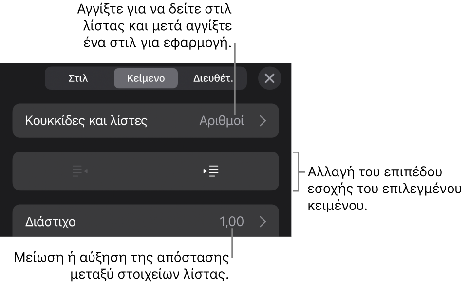 Η ενότητα «Κουκκίδες και λίστες» των στοιχείων ελέγχου Μορφής με επεξηγήσεις στις «Κουκκίδες και λίστες», κουμπιά προεξοχής και εσοχής και στοιχεία ελέγχου διάστιχου γραμμών.