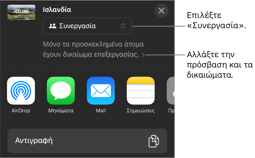 Το μενού «Κοινή χρήση» με επιλεγμένη τη «Συνεργασία» στο πάνω μέρος, και ρυθμίσεις πρόσβασης και δικαιωμάτων από κάτω.