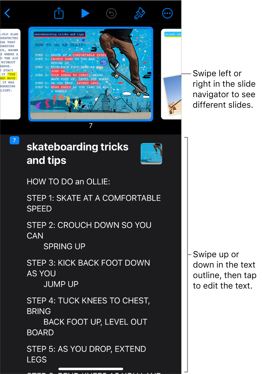 Outline view with the horizontal slide navigator at the top of the screen and the text outline at the bottom.