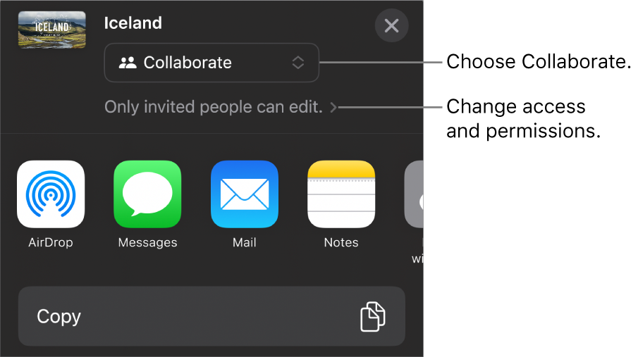 The Share menu with Collaborate selected at the top, and access and permission settings underneath.