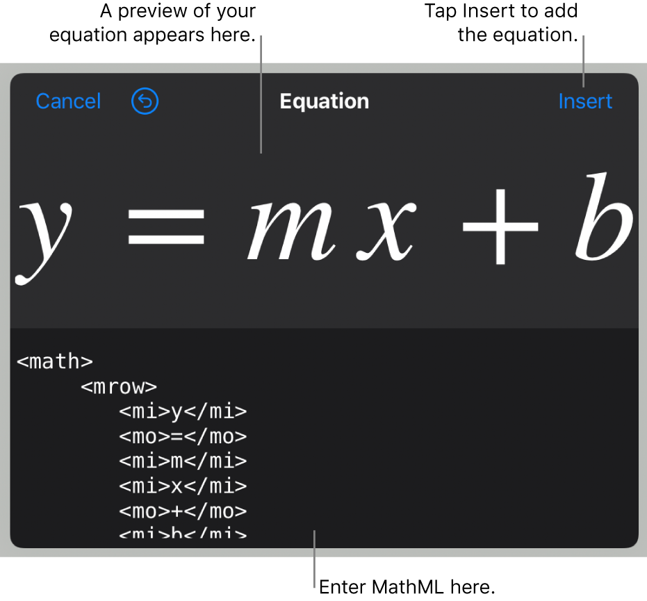 MathML code for the equation for the slope of a line and a preview of the formula above.