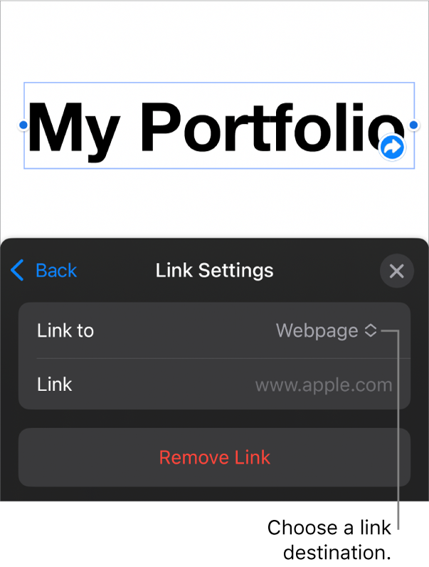 The Link Settings controls with Web Page selected, and the Remove Link button at the bottom.