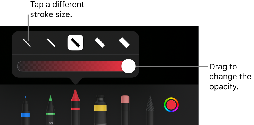 Controls for choosing a stroke size and a slider for adjusting the opacity.