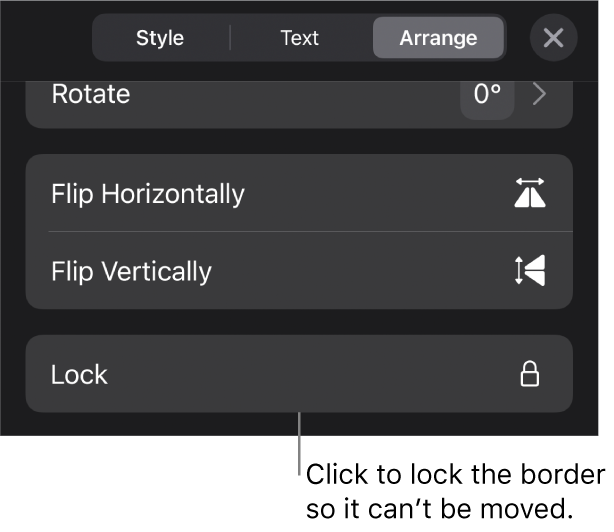 The Arrange controls in the Format menu with the Lock button called out.