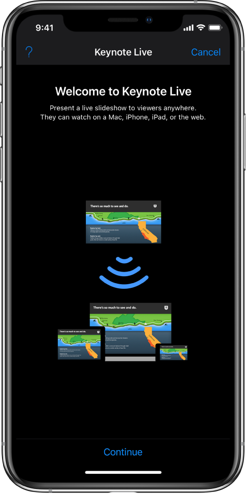 A window introducing Keynote Live with the Continue button at the bottom.