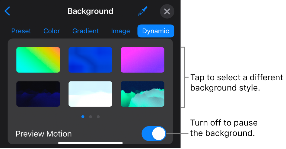 The dynamic background controls with the background style thumbnails and Preview Motion button displayed.