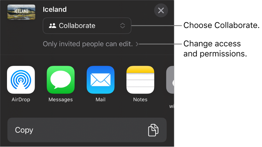 The Share menu with Collaborate selected at the top, and access and permission settings underneath.