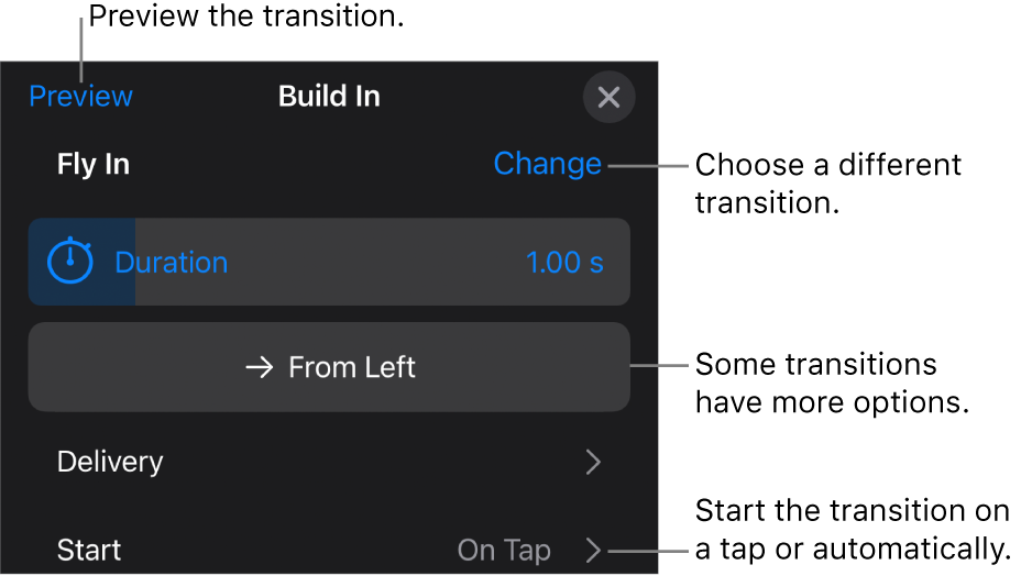 Controls in the Options pane for modifying a transition.