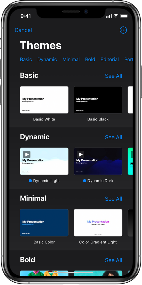  The theme chooser, showing a row of categories across the top that you can tap to filter the options. Below are thumbnails of predesigned themes arranged in rows by category.