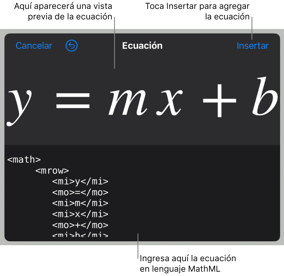 Código MathML de la ecuación de la pendiente de una recta y la previsualización de la fórmula encima.