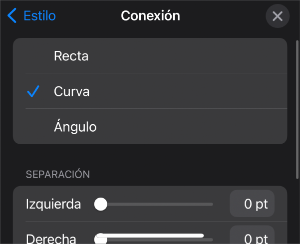 Los controles de Conexión con la opción Curva seleccionada.