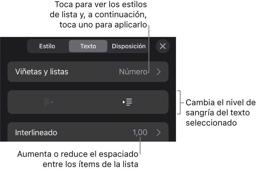 La sección “Viñetas/listas” de los controles de formato con llamadas a “Viñetas/listas”, los botones de sangría o de sangría izquierda, y los controles de interlineado.