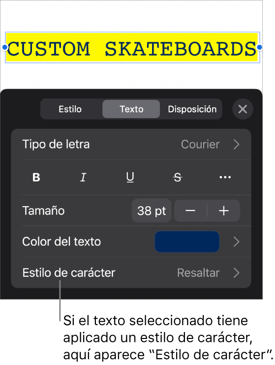 Los controles de formato de texto con “Estilos de carácter” debajo de los controles de color. El estilo de carácter Ninguno aparece con un asterisco.