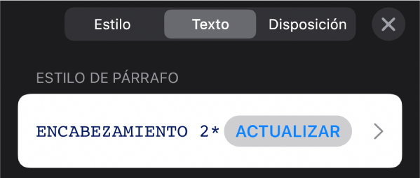 Un estilo de párrafo con un asterisco junto a él y un botón Actualizar a la derecha.