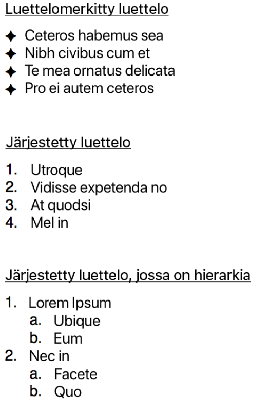 Esimerkkejä luettelomerkillisistä, järjestetyistä ja hierarkkisista luetteloista.