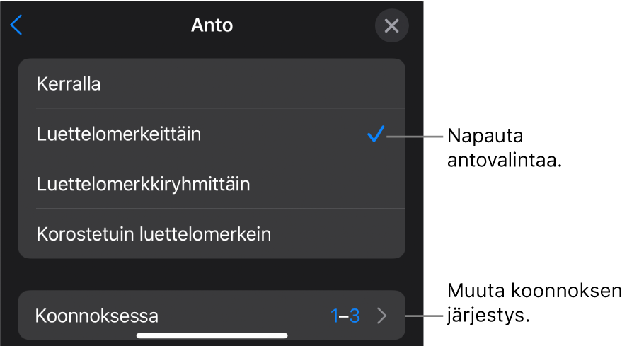 Antovalinnat Aloitus-osiossa.