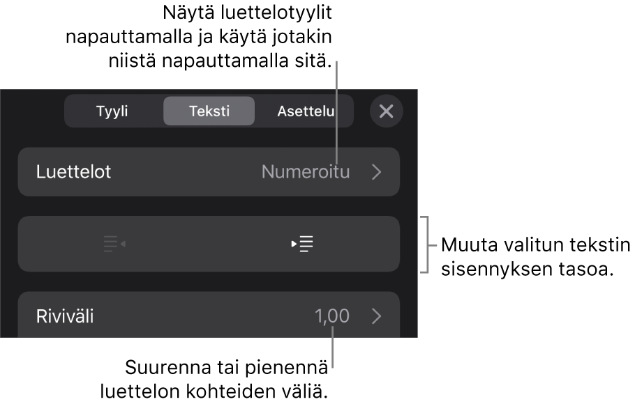 Muoto-säätimien Luettelot-osio, jossa on selitteet Luetteloihin, ulonnus- ja sisennyspainikkeisiin ja rivivälisäätimiin.