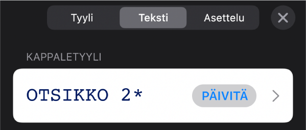 Kappaletyylin nimi, jonka vieressä on tähtimerkki ja oikealla puolella Päivitä-painike.