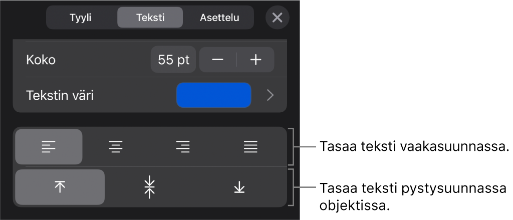 Muoto-painikkeen Tasaus-osio, jossa on selitteitä tekstin tasauspainikkeille.