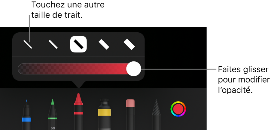 Commandes de sélection de taille de trait et curseur d’ajustement de l’opacité.