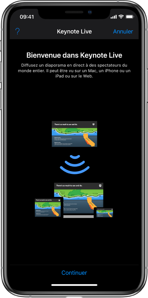 Une fenêtre qui présente Keynote Live avec le bouton Continuer en bas.