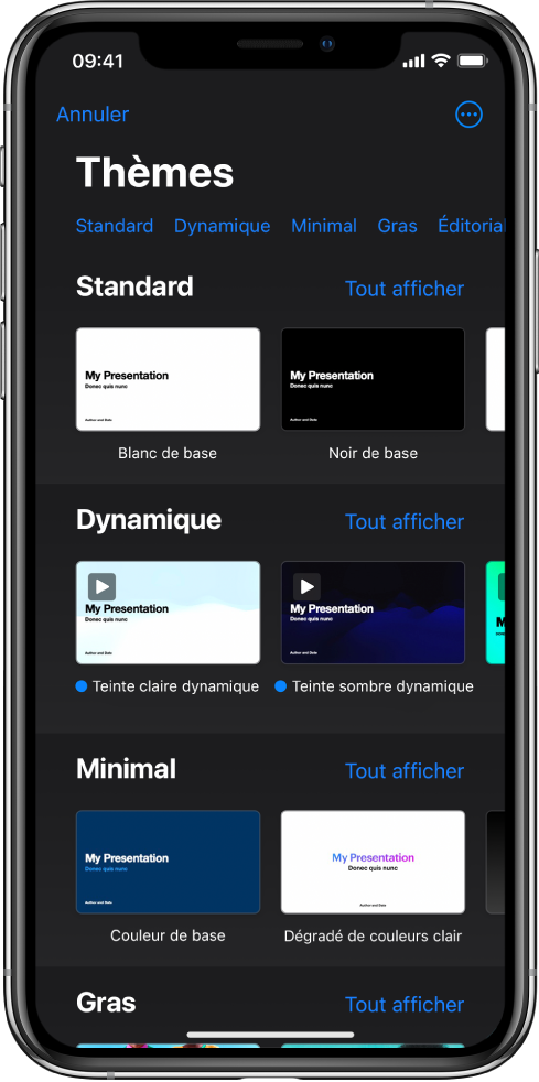  Le sélecteur de thèmes affiche en haut une rangée de catégories que vous pouvez toucher pour filtrer les options. En dessous se trouvent des vignettes de thèmes prédéfinis disposées en rangées par catégorie.