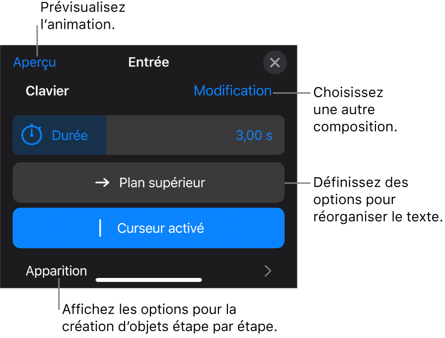 Les options de composition comprennent Durée, Animation du texte et Apparition. Touchez Modifier pour sélectionner une autre composition ou touchez Aperçu pour afficher un aperçu de la composition.