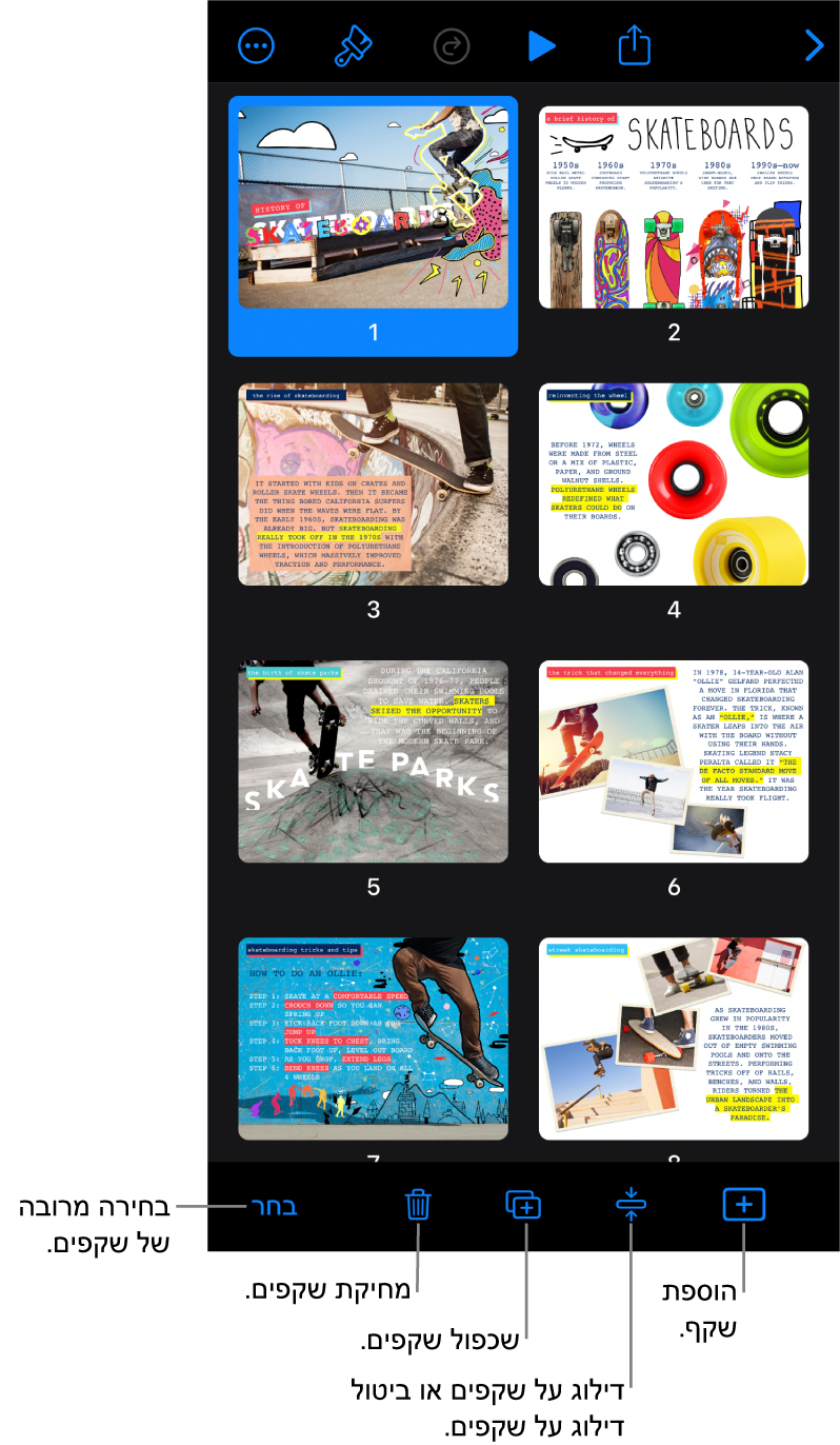 התצוגה ״שולחן אור״ עם כפתורים בתחתית המסך להוספה, דילוג, שכפול ומחיקה של שקפים ולבחירת מספר שקפים ביחד.