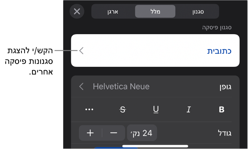 תפריט ״עיצוב״ עם כלי בקרה של מלל להגדרת סגנונות, גופן, גודל וצבע עבור פיסקאות ותווים.