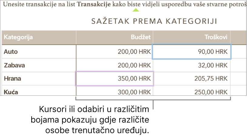 Kursori ili odabiri u različitim bojama prikazuju gdje različite osobe uređuju.