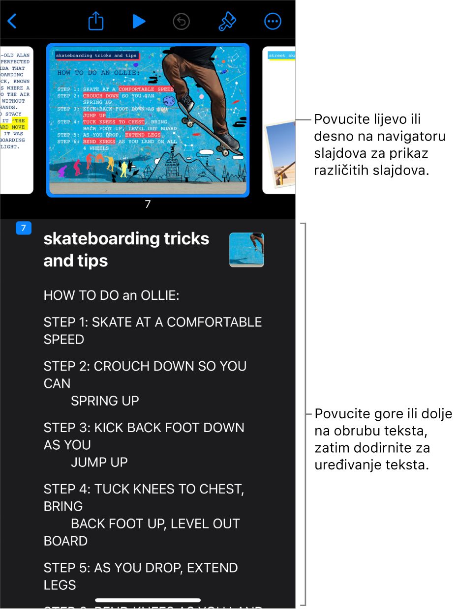 Prikaz strukture s okomitim navigatorom slajdova pri vrhu zaslona i tekstualnom strukturom prezentacije pri dnu.