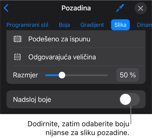 Kontrole Pozadine sa slikom postavljenom kao pozadinom slajda i kontrolom Preklapanje boja pri dnu.