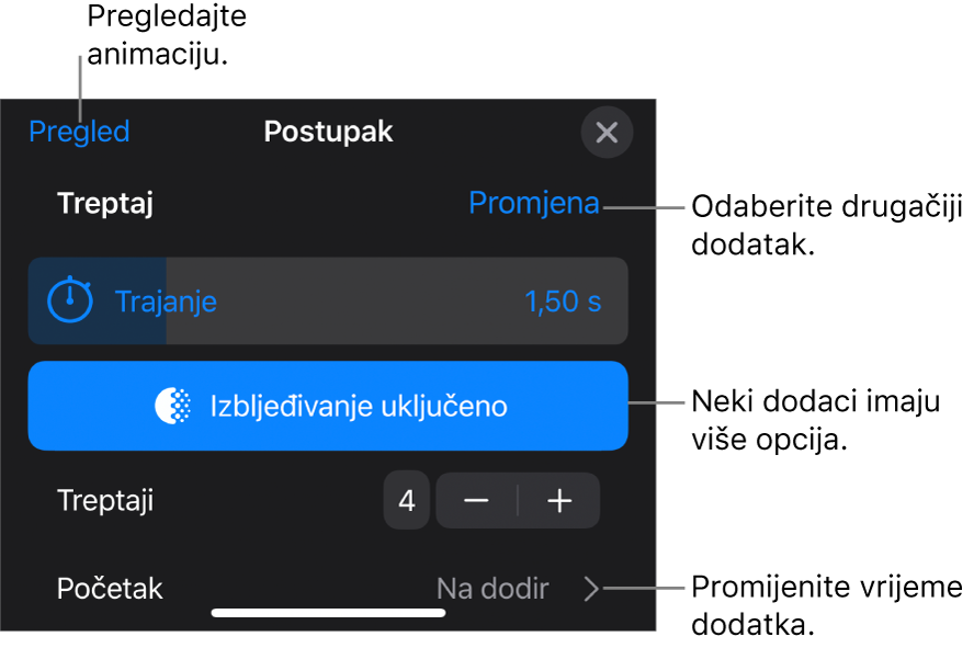 Opcije izdanja uključuju postavku vremena za Trajanje i Početak. Dodirnite Promijeni za odabir drugog izdanja, ili dodirnite Pretpregled za pregled izdanja.