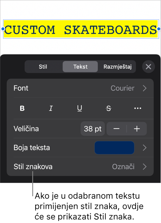 Kontrole za formatiranje teksta sa Stilom znaka ispod Kontrola boja. Stil znaka Bez javlja se s asteriskom.