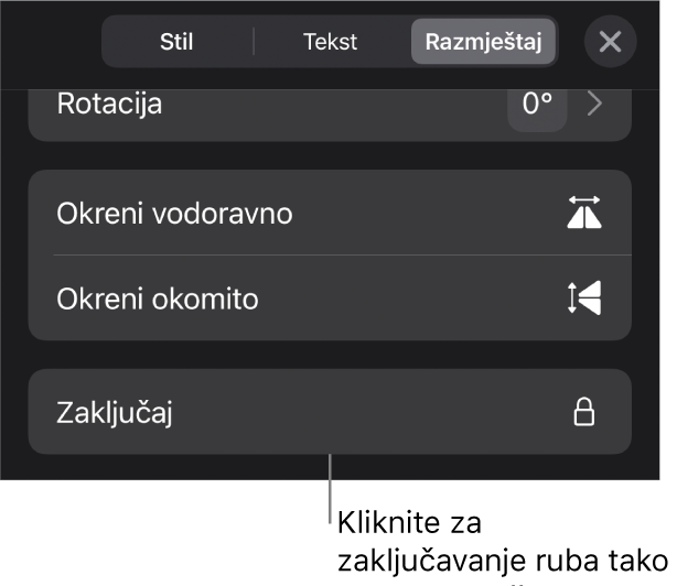 Kontrole Rasporedi u izborniku Formatiraj s odabranom tipkom Zaključaj.