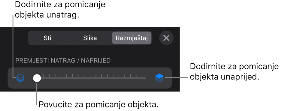 Tipka Premjesti natrag, tipka Premjesti naprijed, i kliznik za slojeve.