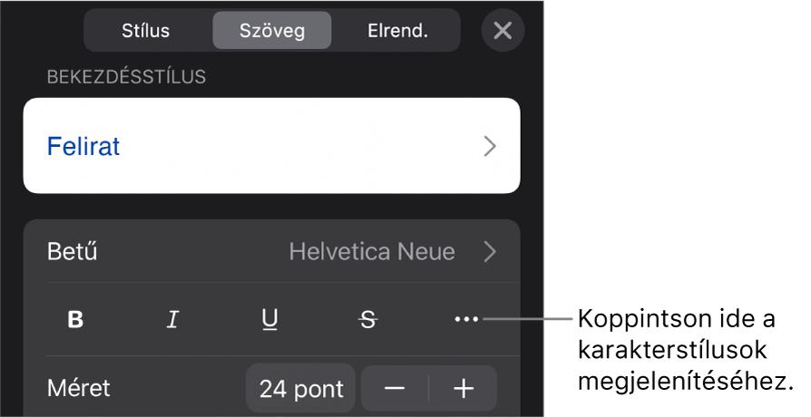 A formázásvezérlők a bekezdésstílusokkal a képernyő tetején, amelyeket a betűtípus-vezérlők követnek. A Betűtípus alatt a Félkövér, Dőlt, Aláhúzott, Áthúzott és További szövegbeállítások gombok találhatók.