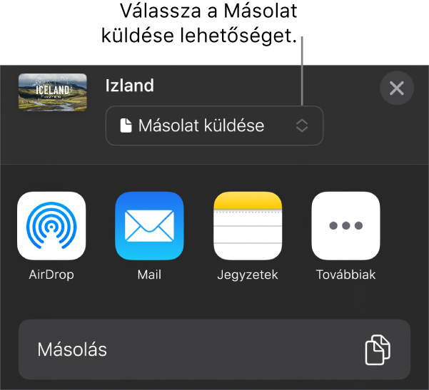 A Megosztás menü a felül elhelyezkedő Másolat küldése lehetőséggel.