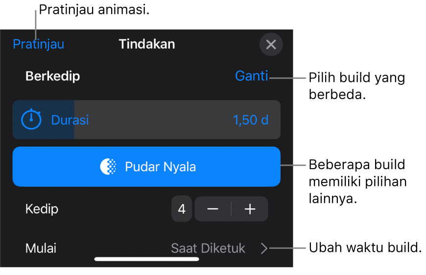 Pilihan build termasuk Durasi dan Mulai waktu. Ketuk Ubah untuk memilih build berbeda, atau ketuk Pratinjau untuk mempratinjau build.