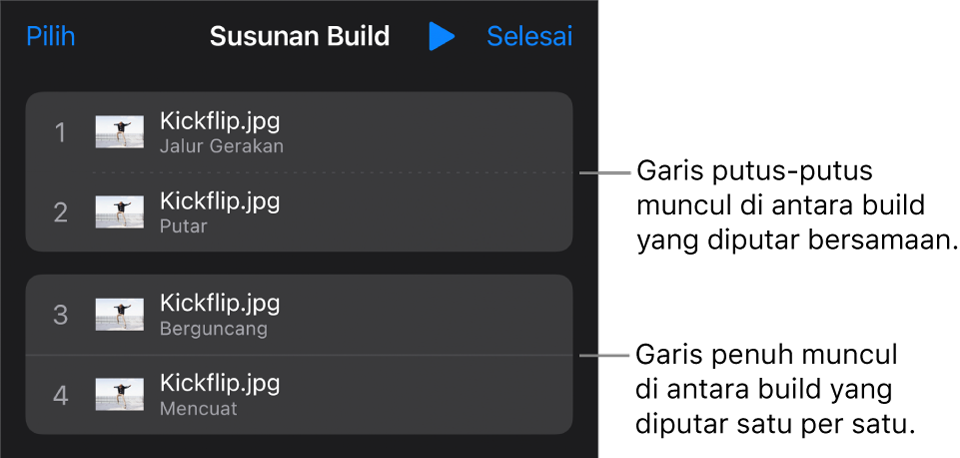 Menu Susunan Build, dengan titik putus-putus muncul di antara build yang diputar bersamaan dan garis penuh di antara build yang diputar satu per satu.