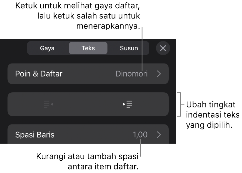 Bagian Poin & Daftar dari kontrol Format dengan keterangan ke Poin & Daftar, tombol indentasi luar dan indentasi dalam, serta kontrol spasi baris.