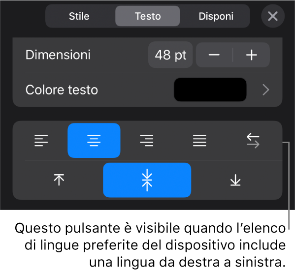 Controlli del testo nel menu Formato con una didascalia per il pulsante “Da destra a sinistra”.