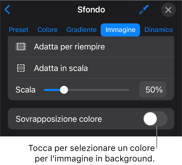 I controlli Sfondo, con un'immagine impostata come sfondo della diapositiva e il controllo “Sovrapposizione colore” nella parte inferiore.