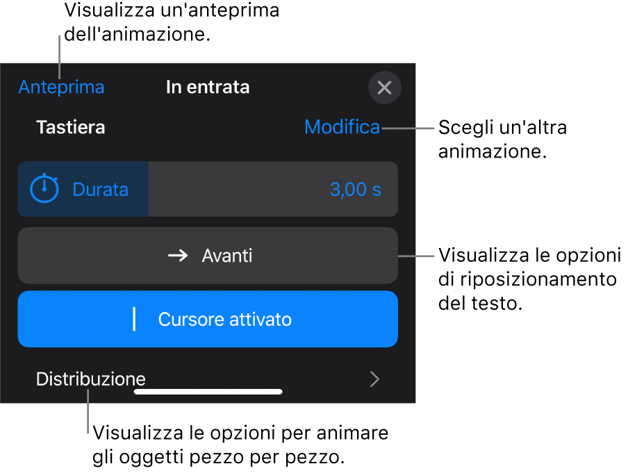 Le opzioni di animazione includono Durata, “Animazione testo” e Distribuzione. Tocca Modifica per scegliere un'animazione differente oppure tocca Anteprima per visualizzare l'anteprima dell'animazione.